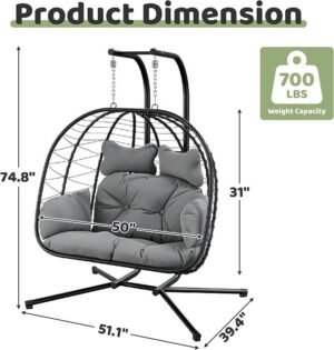 2 Person Egg Swing Chair with Stand, Cushion and Rattan Wicker - Image 5