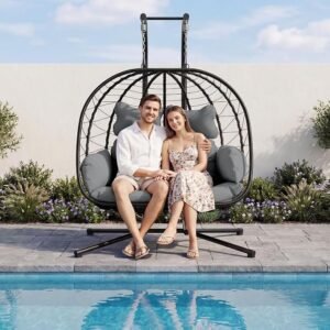 2 Person Egg Swing Chair with Stand, Cushion and Rattan Wicker - Image 2