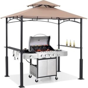 8x5 Outdoor Grill Gazebo with Double Tier Canopy, LED Lights and Two Side Shelves, Khaki