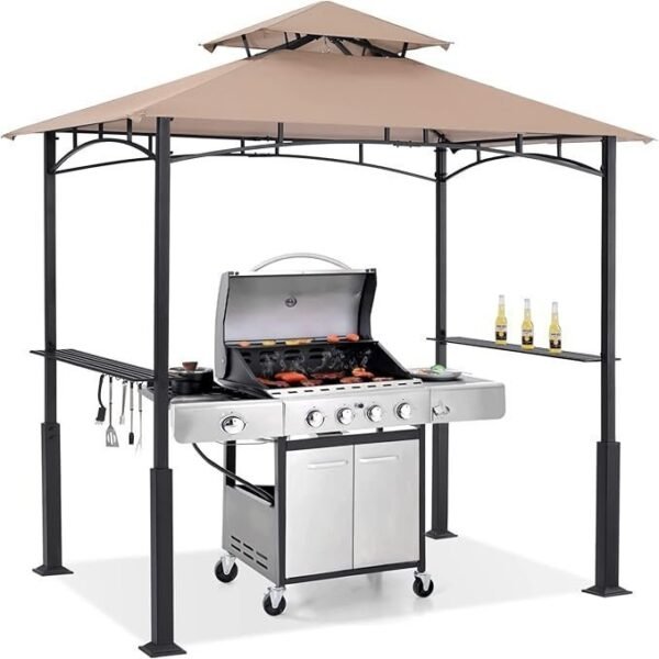 8x5 Outdoor Grill Gazebo with Double Tier Canopy, LED Lights and Two Side Shelves, Khaki