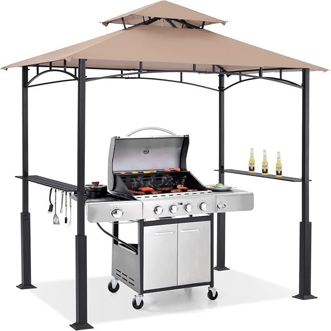 8x5 Outdoor Grill Gazebo with Double Tier Canopy, LED Lights and Two Side Shelves, Khaki 8x5 Outdoor Grill Gazebo with Double Tier Canopy, LED Lights and Two Side Shelves, Khaki - Image 1