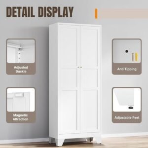 75 Inch Metal Pantry Cabinet with 2 Doors and 4 Adjustable Shelves, White - Image 2