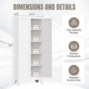 75 Inch Metal Pantry Cabinet with 2 Doors and 4 Adjustable Shelves, White - Image 4