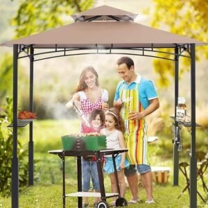 8x5 Outdoor Grill Gazebo with Double Tier Canopy, LED Lights and Two Side Shelves, Khaki - Image 5