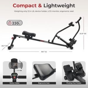 Sunny Health Compact Rower 12-Level Hydraulic Resistance Rowing Machine - Image 3