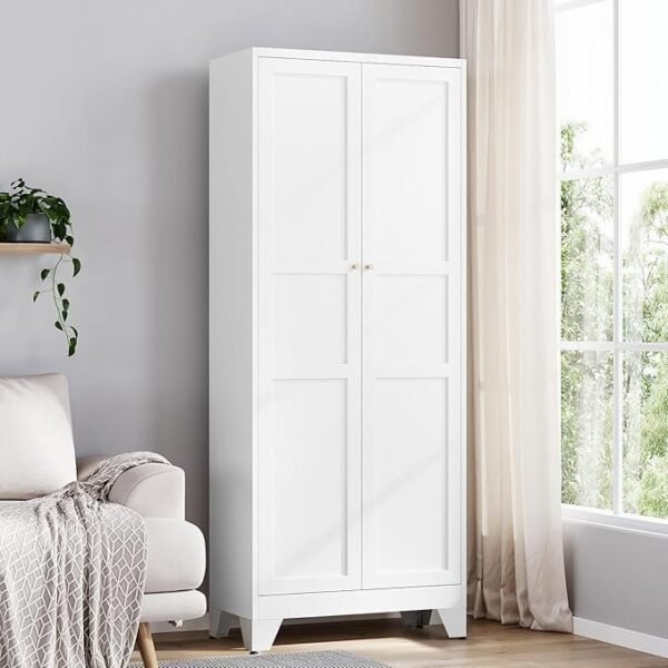 75 Inch Metal Pantry Cabinet with 2 Doors and 4 Adjustable Shelves, White