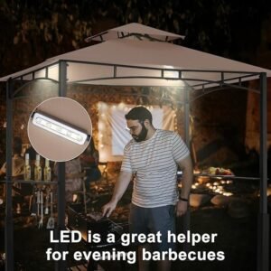 8x5 Outdoor Grill Gazebo with Double Tier Canopy, LED Lights and Two Side Shelves, Khaki - Image 4