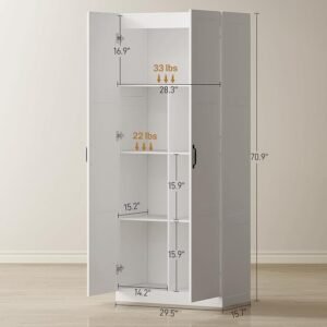 White Pantry Storage Cabinet Double Door Organizer with 4 Adjustable Shelves - Image 4