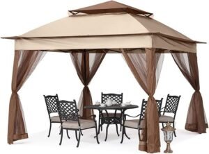 11x11 Pop Up Gazebo with Mesh Walls, Double Tier Canopy, UPF 50 and 121 Sq. Ft. Coverage, Champagne