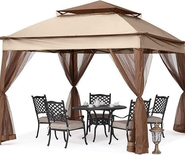 11x11 Pop Up Gazebo with Mesh Walls, Double Tier Canopy, UPF 50 and 121 Sq. Ft. Coverage, Champagne