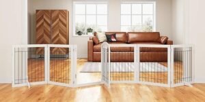 PAWLAND Freestanding Dog Gate 144-Inch Wide 6-Panel Pet Gate with Walk-Through Door