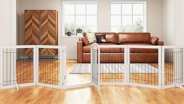 PAWLAND Freestanding Dog Gate 144-Inch Wide 6-Panel Pet Gate with Walk-Through Door