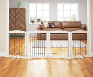 Extra Wide Foldable Dog Gate 96-Inch 4-Panel Freestanding Wood Pet Gate White