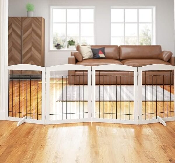 Extra Wide Foldable Dog Gate 96-Inch 4-Panel Freestanding Wood Pet Gate White