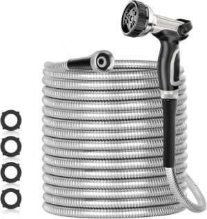 SPECILITE Stainless Steel Hose 200 FT Garden Hose with 8-Pattern Nozzle