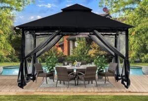 10x12 Outdoor Steel Gazebo Black with Mosquito Netting and Fabric Canopy - Image 5