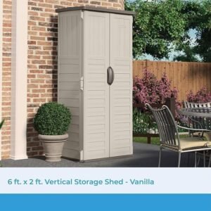 Suncast Vertical Outdoor Storage Shed with Lockable Double Doors Vanilla
