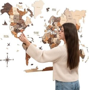 3D Wooden World Map Multicolor Wall Art with Travel Pins, Birch Plywood and Adhesive Mounting, Medium