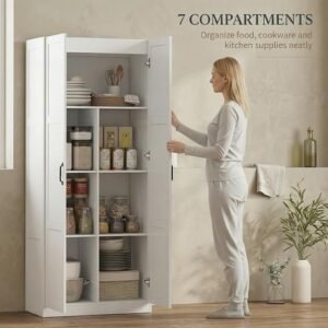 White Pantry Storage Cabinet Double Door Organizer with 4 Adjustable Shelves - Image 3