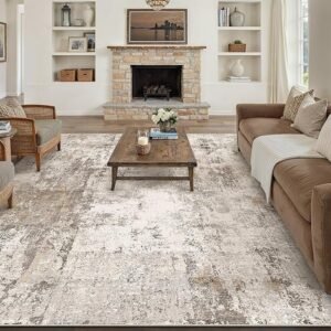 8x10 Washable Area Rug Brown Grey Abstract Low-Pile Indoor Rug with Non-Slip Backing