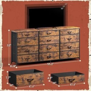 55 Inch Storage Dresser with 12 Fabric Drawers, Metal Frame and Wood Top for 60-Inch TV - Image 3