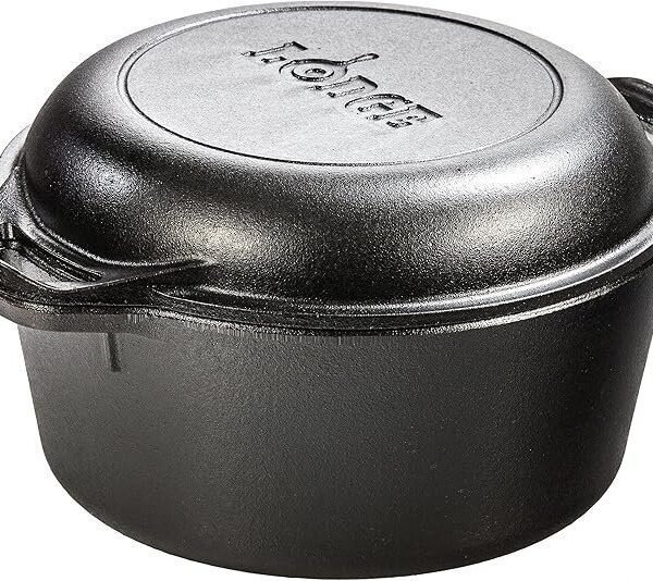 Double Dutch Oven Skillet 5 Quart Pre Seasoned Cast Iron 2 in 1 Cookware with Dual Handles
