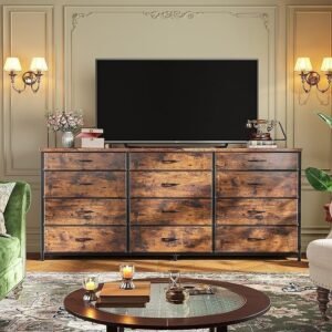 55 Inch Storage Dresser with 12 Fabric Drawers, Metal Frame and Wood Top for 60-Inch TV - Image 4