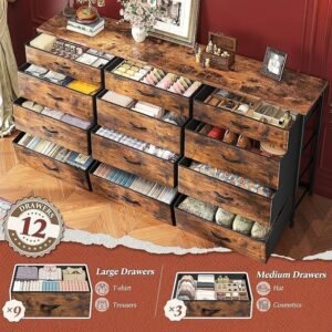 55 Inch Storage Dresser with 12 Fabric Drawers, Metal Frame and Wood Top for 60-Inch TV - Image 2