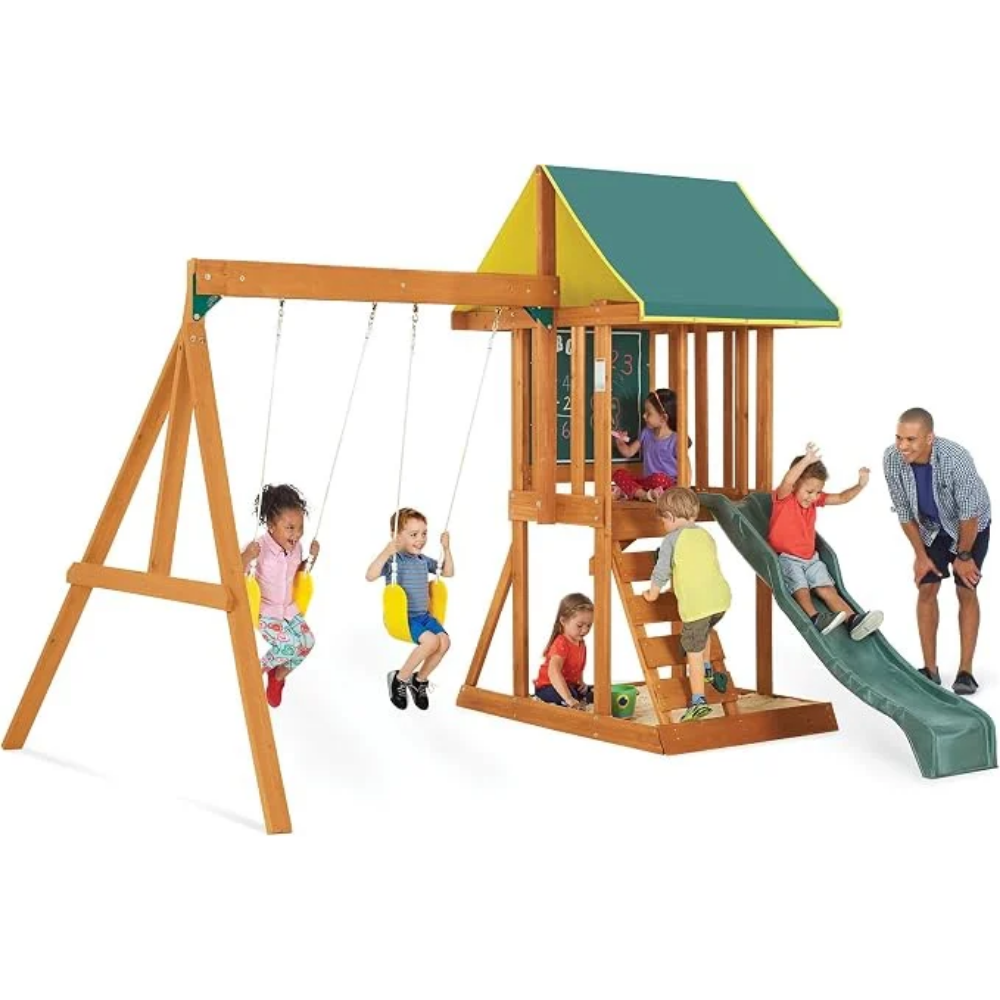 Cedar Wooden Swing Set with Slide, Climbing Wall and Swings Cedar Wooden Swing Set with Slide, Climbing Wall and Swings - Image 1