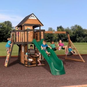 Cedar Outdoor Swing Set with Clubhouse, Wave Slide and Three Swings