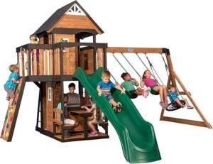 Cedar Outdoor Swing Set with Clubhouse, Wave Slide and Three Swings - Image 5