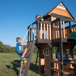 Cedar Outdoor Swing Set with Clubhouse, Wave Slide and Three Swings - Image 3