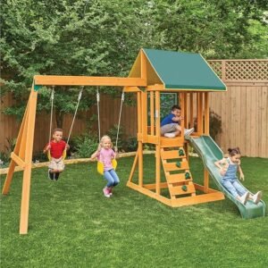 Cedar Wooden Swing Set with Slide, Climbing Wall and Swings - Image 5