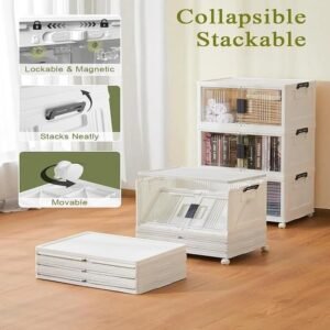 48QT Lockable Storage Bins 4 Pack Foldable Stackable Containers with Doors, Lids and Wheels - Image 3