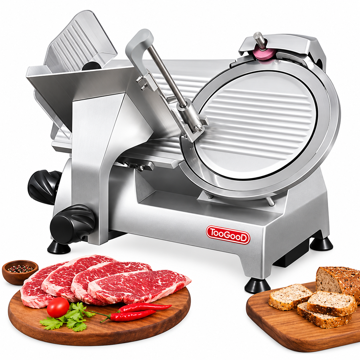 Commercial-Meat-Slicer-with-Fresh-Food-Props.png Commercial Meat Slicer with Adjustable Thickness and Built-In Sharpener - Image 1