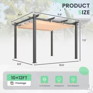 10 x 12 Outdoor Pergola with Retractable Canopy Aluminum Frame - Image 2