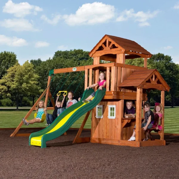 Cedar Wood Outdoor Swing Set with Clubhouse