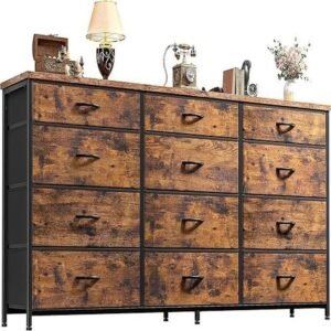 55 Inch Storage Dresser with 12 Fabric Drawers, Metal Frame and Wood Top for 60-Inch TV