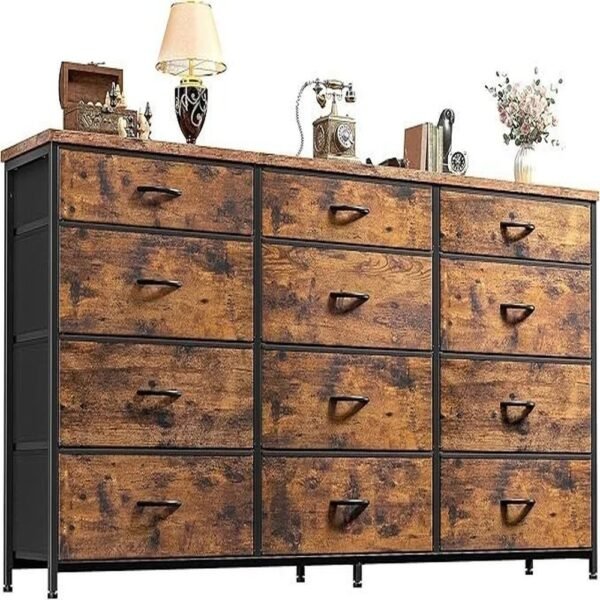 55 Inch Storage Dresser with 12 Fabric Drawers, Metal Frame and Wood Top for 60-Inch TV