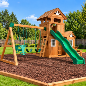 Cedar Outdoor Swing Set with 10 Ft Slide and Fort - Image 2