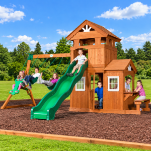 Cedar Outdoor Swing Set with 10 Ft Slide and Fort