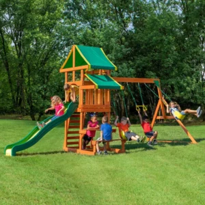 Cedar Wood Outdoor Swing Set with 8 Foot Slide and Canopy