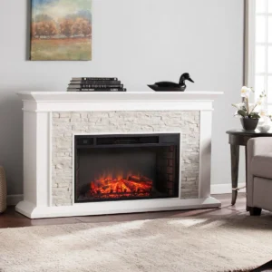 Ceonna Electric Fireplace Mantel White Freestanding Fireplace with Faux Stone - Image 5