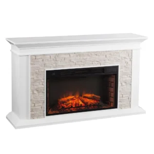 Ceonna Electric Fireplace Mantel White Freestanding Fireplace with Faux Stone - Image 4