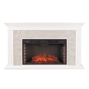 Ceonna Electric Fireplace Mantel White Freestanding Fireplace with Faux Stone - Image 3