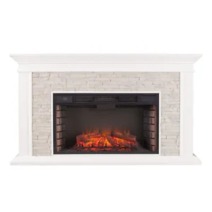 Ceonna Electric Fireplace Mantel White Freestanding Fireplace with Faux Stone - Image 2