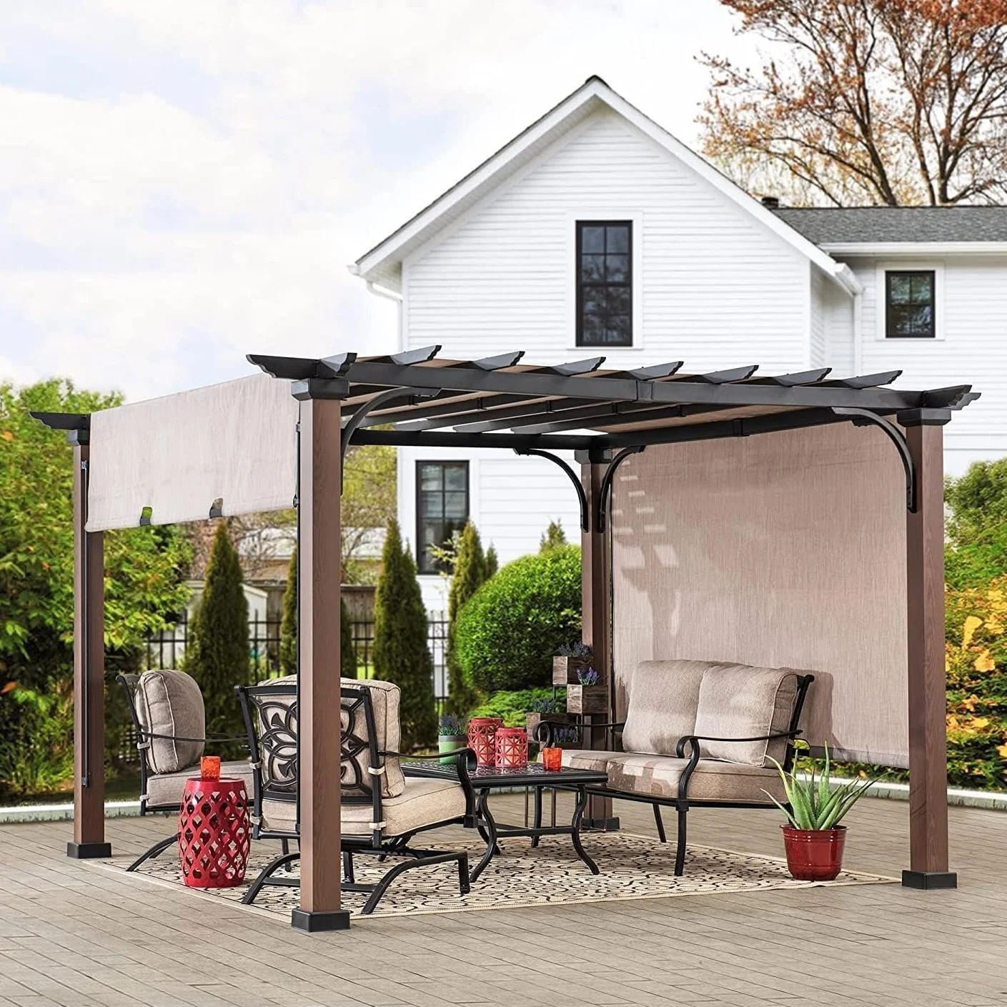 11x11 Metal Pergola with Adjustable Tan Canopy 11x11 Metal Pergola with Adjustable Tan Canopy - Image 1