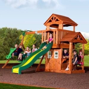 Wooden Outdoor Swing Set with Slide and Climbing Wall