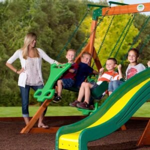 Wooden Outdoor Swing Set with Slide and Climbing Wall - Image 2