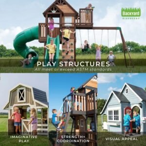 Wooden Outdoor Swing Set with Slide and Climbing Wall - Image 3